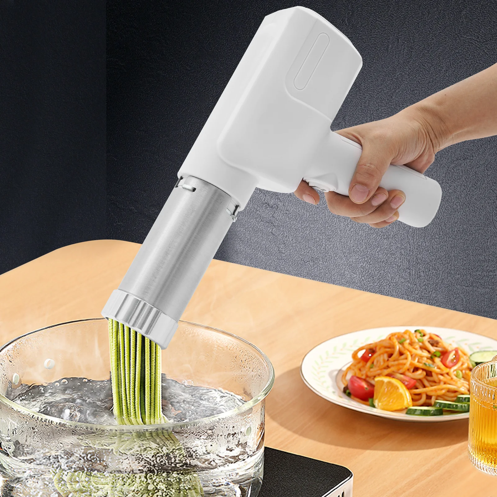 ハンドヘルド電気パスタメーカー、40W自動ステンレス鋼コードレスポータブル家庭用製麺機キッチンレストラン用