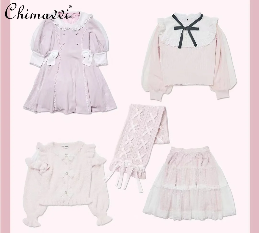 Japanese Style Girls Three Bowknot Cute Knitted Sweater Lolita Sweet Women's Slim Mohair Pullovers Sweaters Autumn Winter Tops