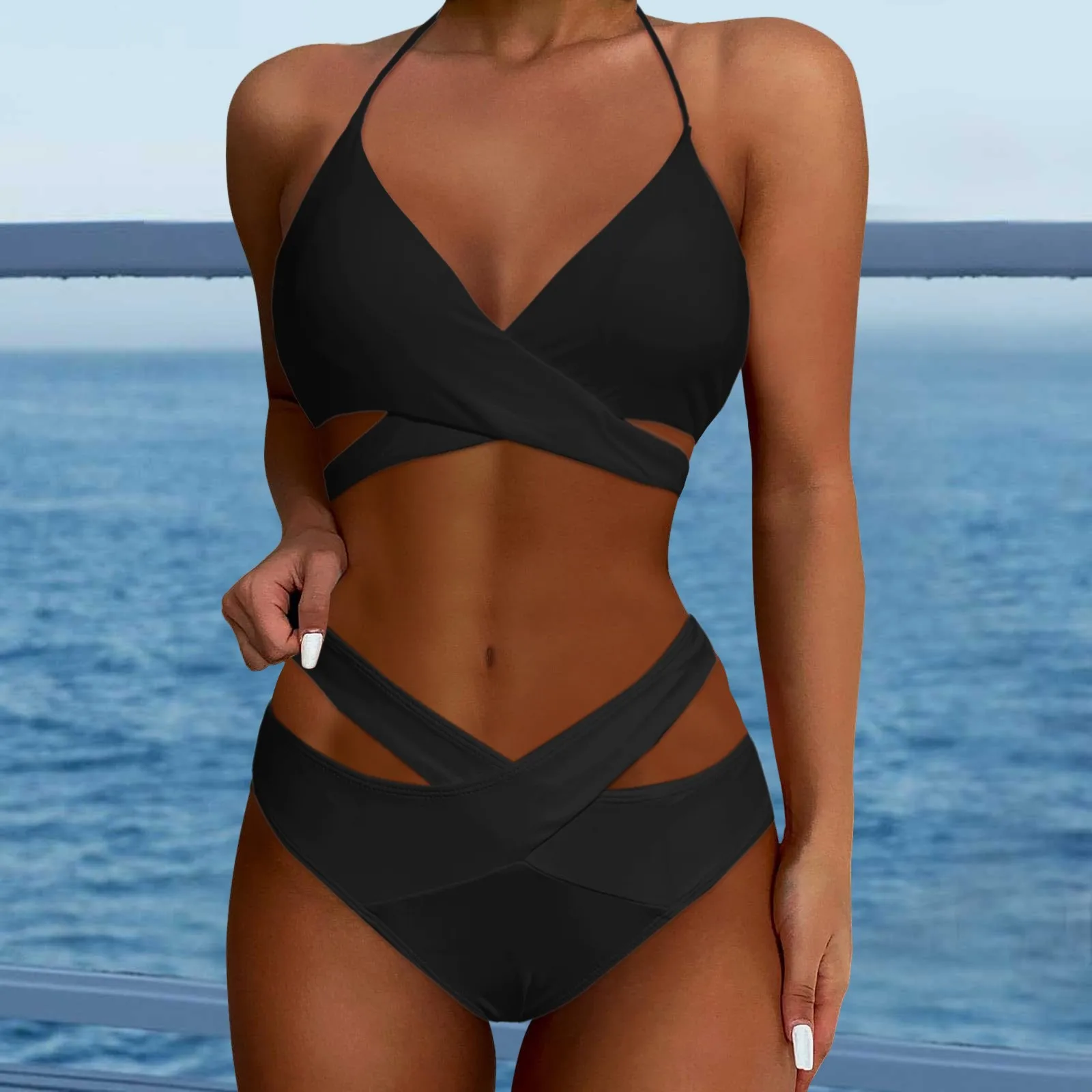 Seksowne bikini z wycięciem Zestawy bez pleców Wyściełany strój kąpielowy Push Up Jednolity kolor Halter Bandaż Dwuczęściowy strój kąpielowy Damskie Biquini