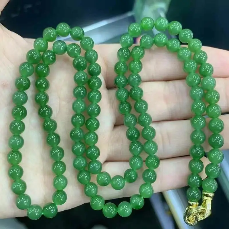 Natural Hetian Jade Necklace With Buddha Beads, No Black Spots, Fine Texture, Icy Green Color