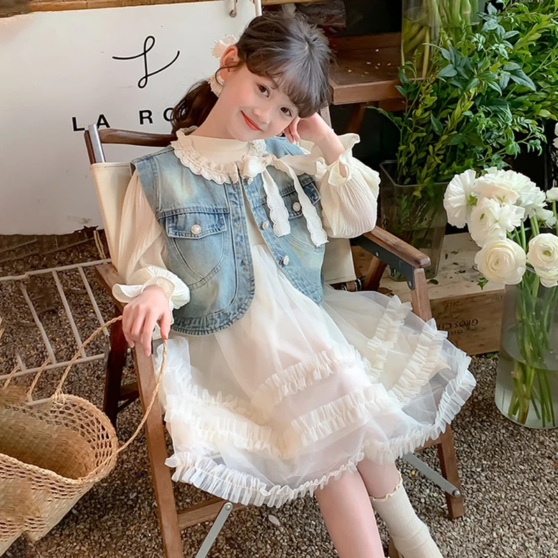 2025 Spring Autumn Clothing 6 8 10 12 14 16 Years Teenager Children Clothes Princess Dresses With Denim Vest For Kids Baby Girls