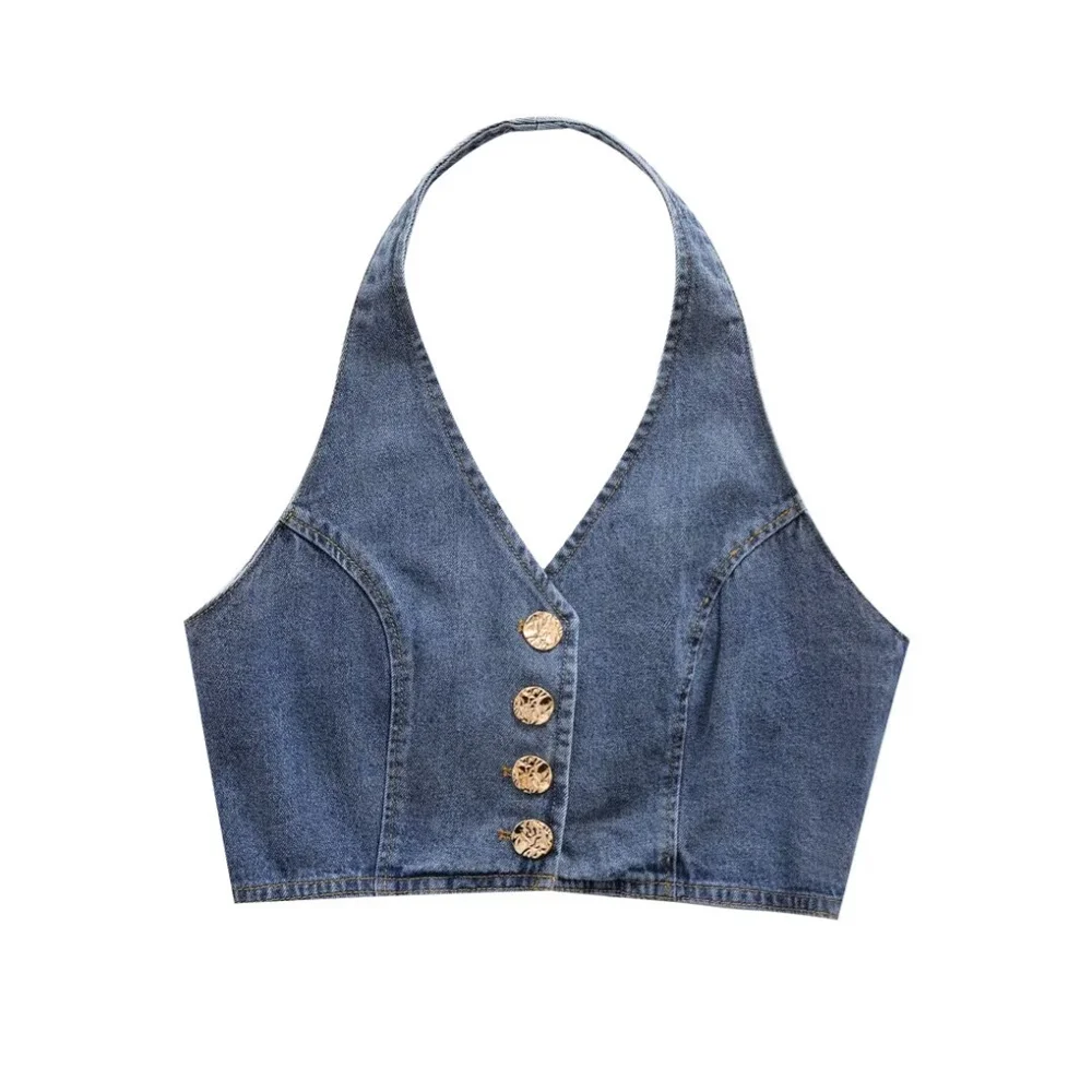

Taop&Za 2024 Autumn New Product Women's Fashion Sexy Off Shoulder Hanging Neck Short Denim Tank Top