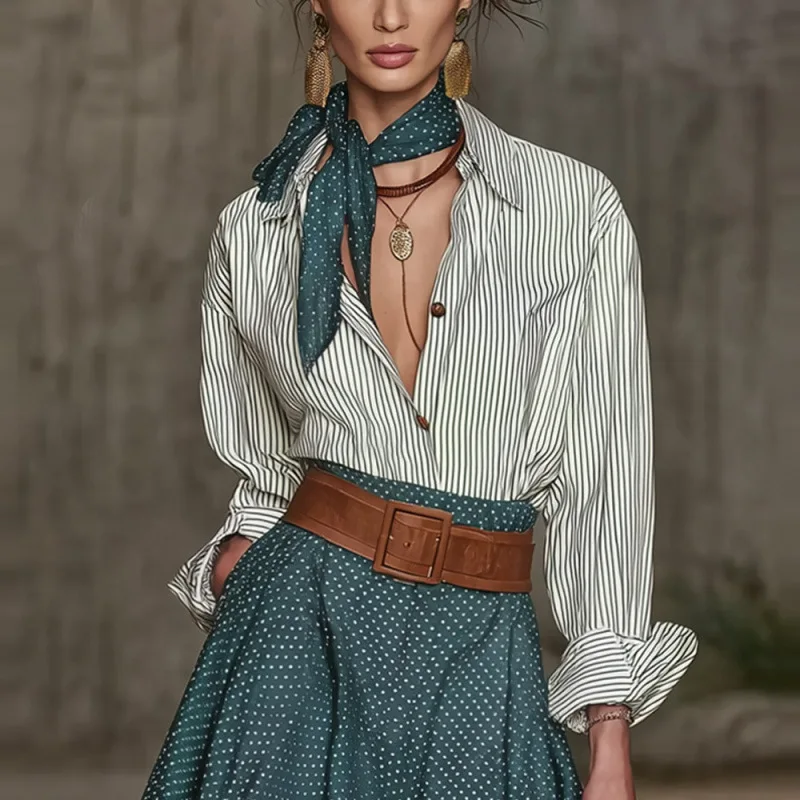 

Рубашка в винтажном стиле с цветными блоками и декоративной лентой, женская элегантная юбка для офиса.