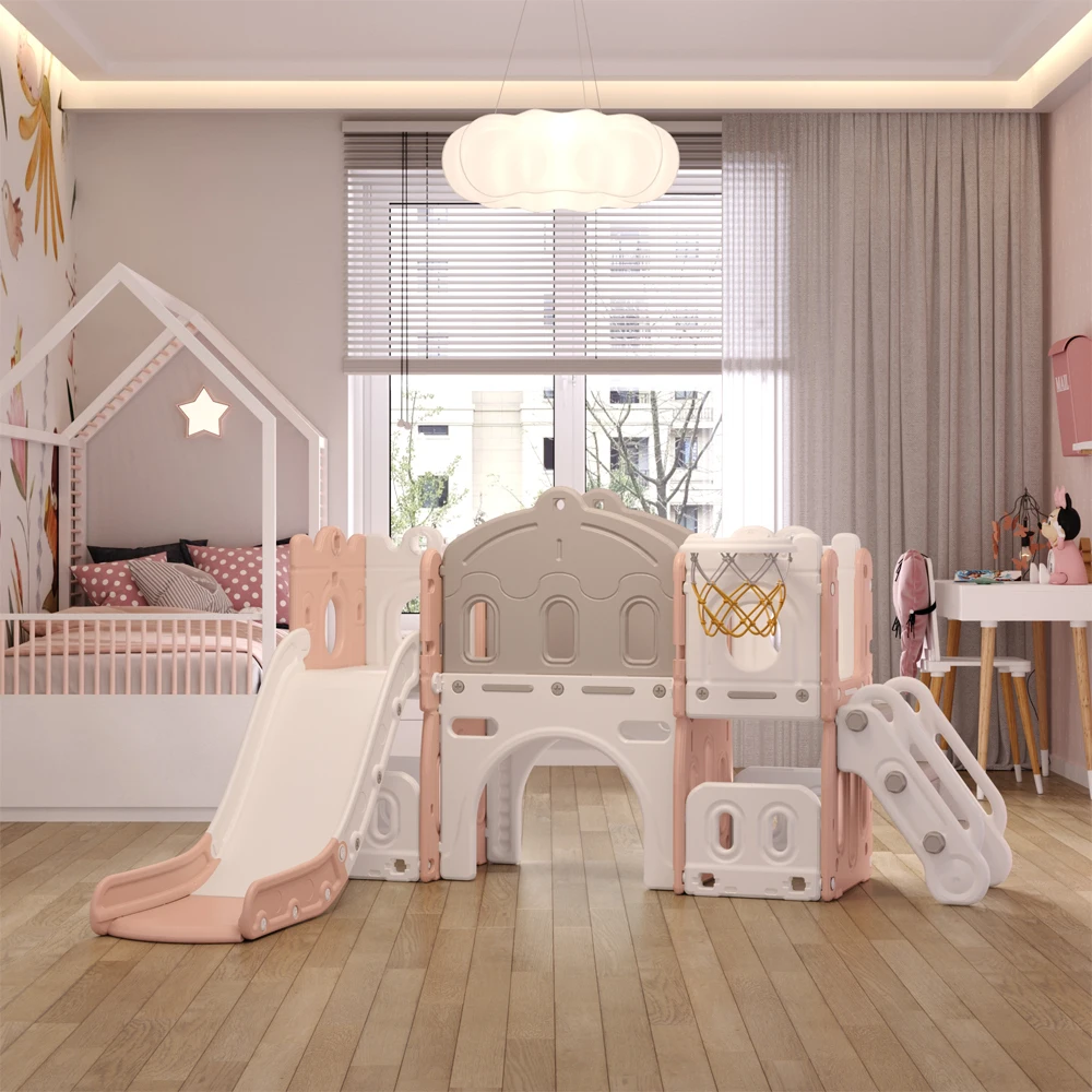 

Customizable Playset with Slide Basket Hoop Indoor Toddler Playground, 190cm W x 106cm H