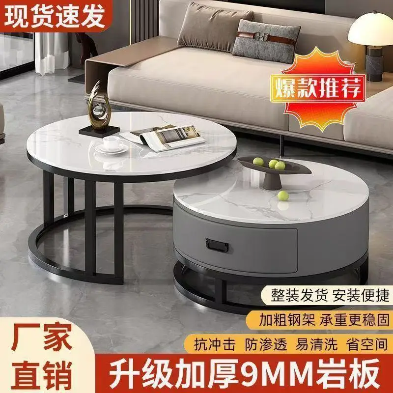 Italian style round rock slab advanced tea table small apartment living room household explosion modern simple light luxury