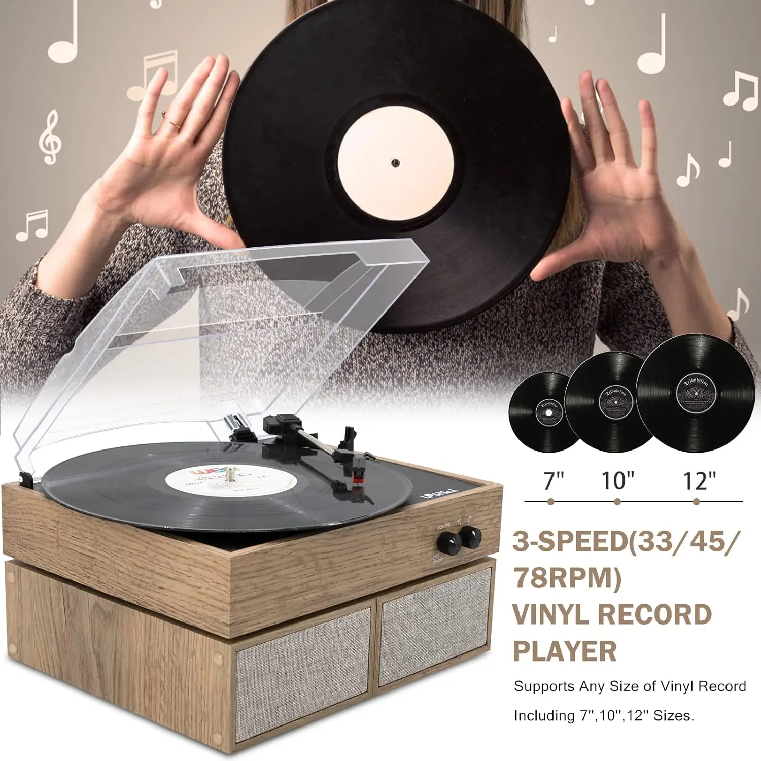 

Wireless Turntable with Stereo Bookshelf Speakers, 3 Speed Vintage Belt-Drive Turntable Wireless Input, Light Wood