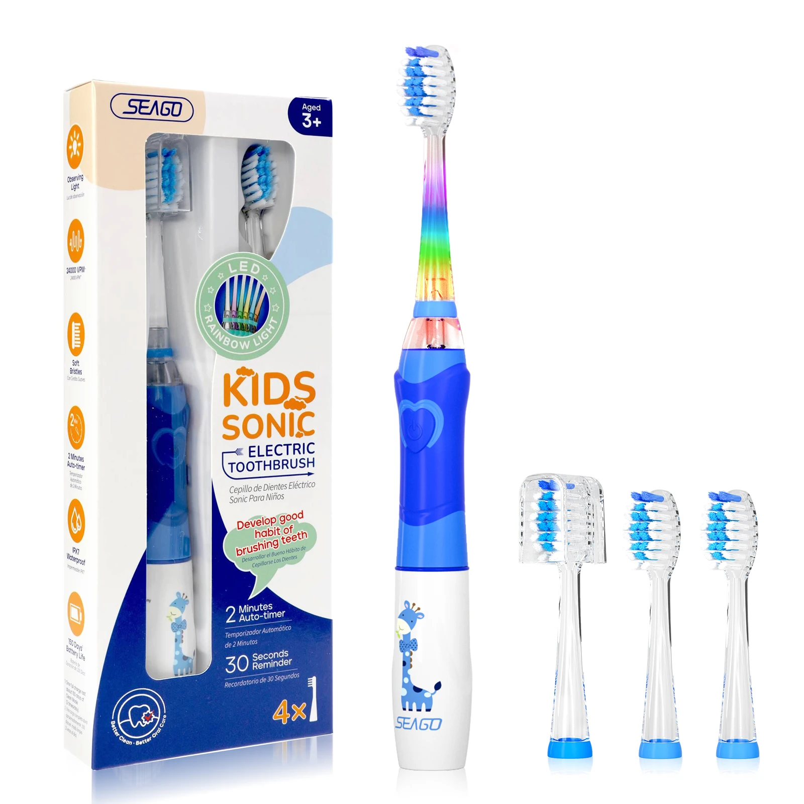 SEAGO Kids Electric Toothbrushes Soft Battery Powered Tooth Brush with Smart Timer 4 Pieces Replaceable Brush Heads  SG977