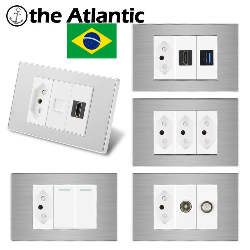 Brasil Free Shipping to Brazil Wall Power Socket with RJ45 Cat5e TV Antenna HDMI RJ45 Jack Plug  Home Stainless Steel Panel