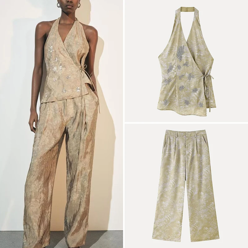 

Z Women's Faion Embroidered Waist-Cinching Beaded Top And Long Pants Set V-ne Polyester Summer 2025 Two-piece Suit