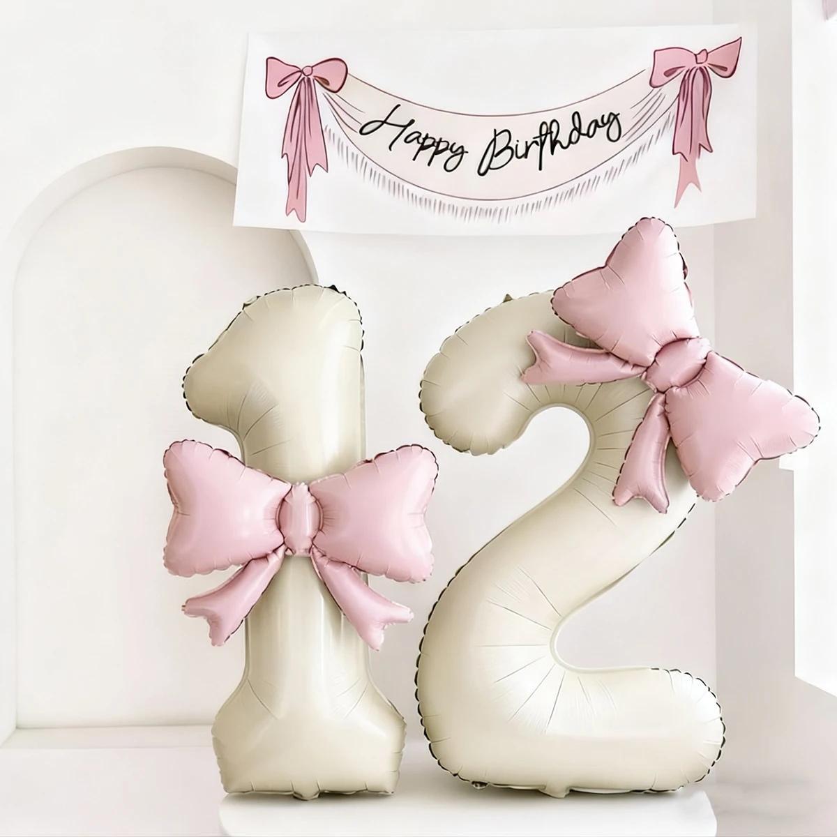 ‌40inch Brown-White Number 8 Foil Balloon with Light Pink Bow - Birthday/Anniversary Party Decor - 5
