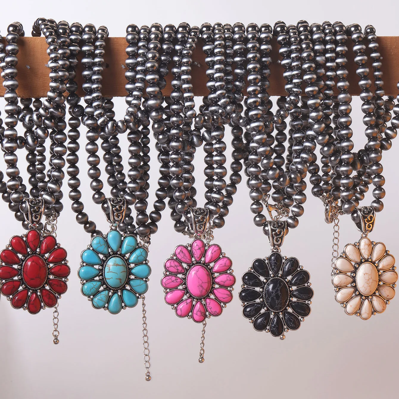 

Vintage Western Cowgirl Navajo Pearl Beaded Necklace Boho Big Faux Turquoise Flower Pendant Chunky Layered Statement Jewelry