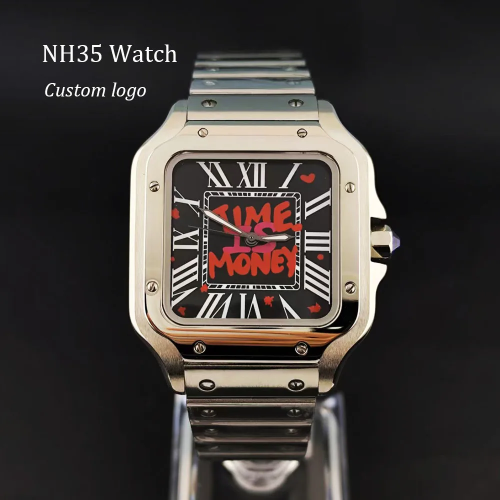 ساعة NH35 وقت المال ساعة فضية/أسود للرجال ساعة أوتوماتيكية من الفولاذ المقاوم للصدأ زجاج الياقوت NH35 ساعة يد تعمل بالحركة