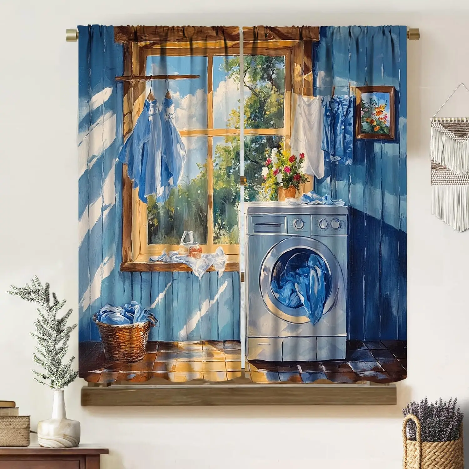 Laundry Room Curtains for Windows,Oil Painting Art Vintage Rustic Farmhouse Wash Fold Repeat Country Print Blackout Rod Pocket