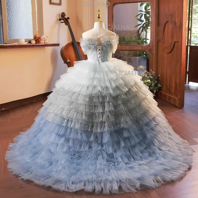 2026 Kids Formal Sweep Train Dress Children Runway Host Piano Performance Pageant CostumeGirls Flower Girl Princess Gown Model