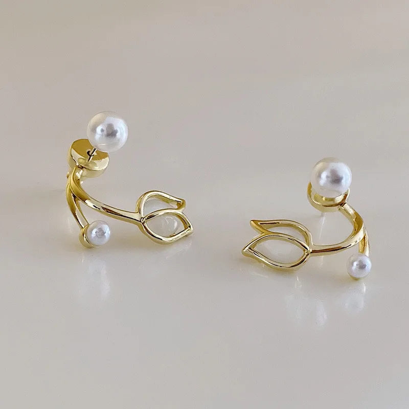 Imitation Pearl Crystal Opal Tulip Flower Curved Back Hang Post Stud Earrings Two in One Brincos Wedding Jewelry Birthday Gift