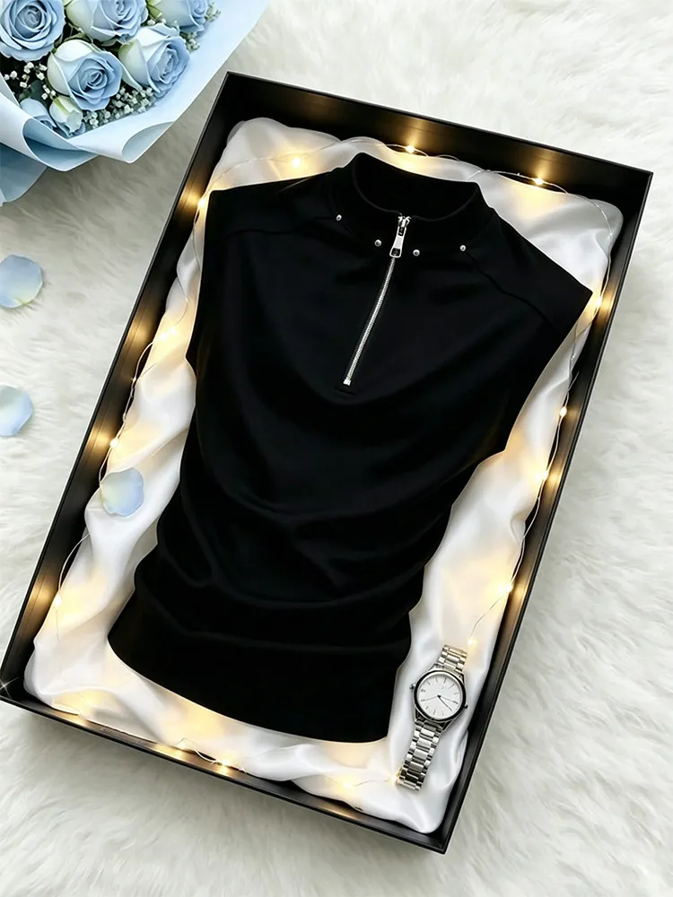 Black Splice Rivet Half Zipper Sporty Shoulder Boys Summer Handsome Sleeveless T-Shirt Deconstructed Sweat Vest Small Collar