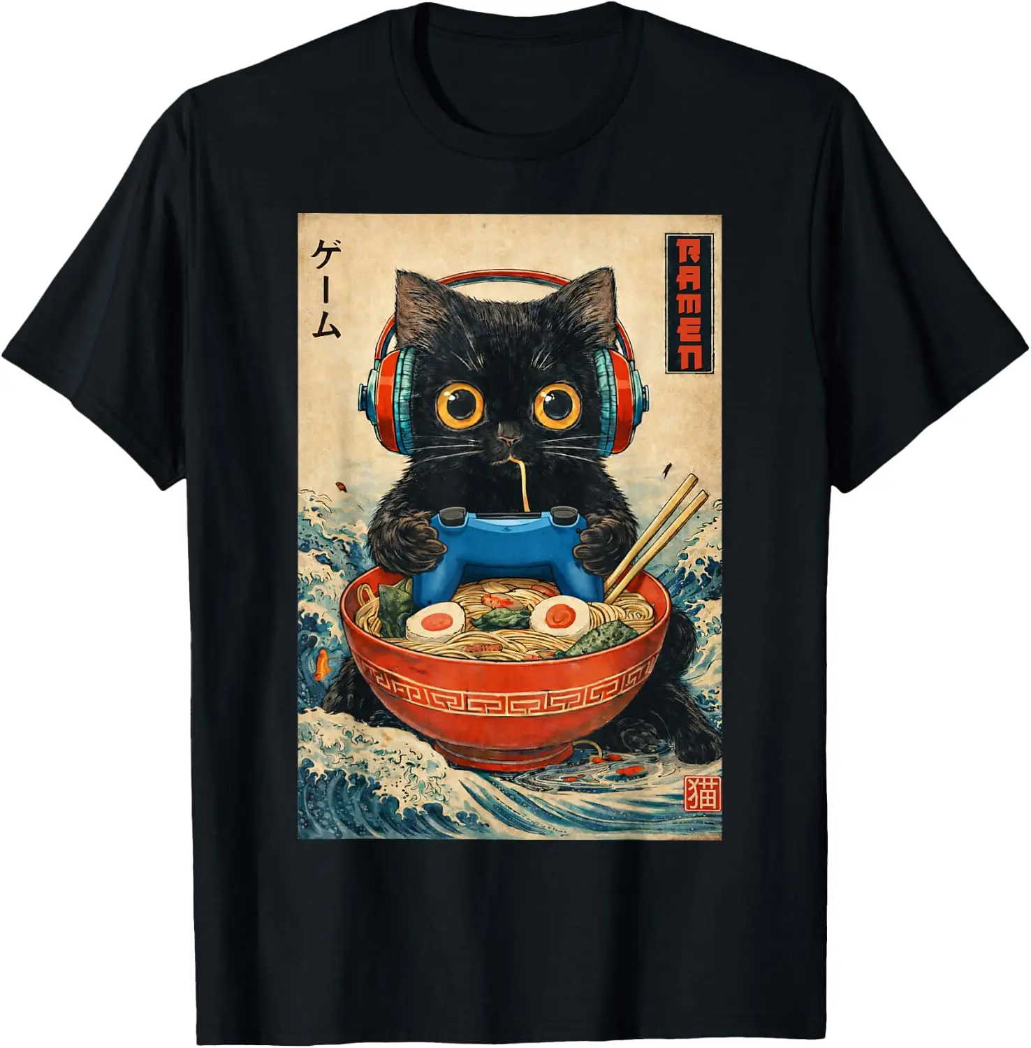 Ramen Japanese Funny Graphic Tees Kawaii Cat Anime Gifts T-Shirt Men T Shirt vintage Cat Pattern Graphic Tee, Funny Cat Print Crew Neck Short-Sleeve Top, Casual Daily Wear Men Cotton T-Shirt.