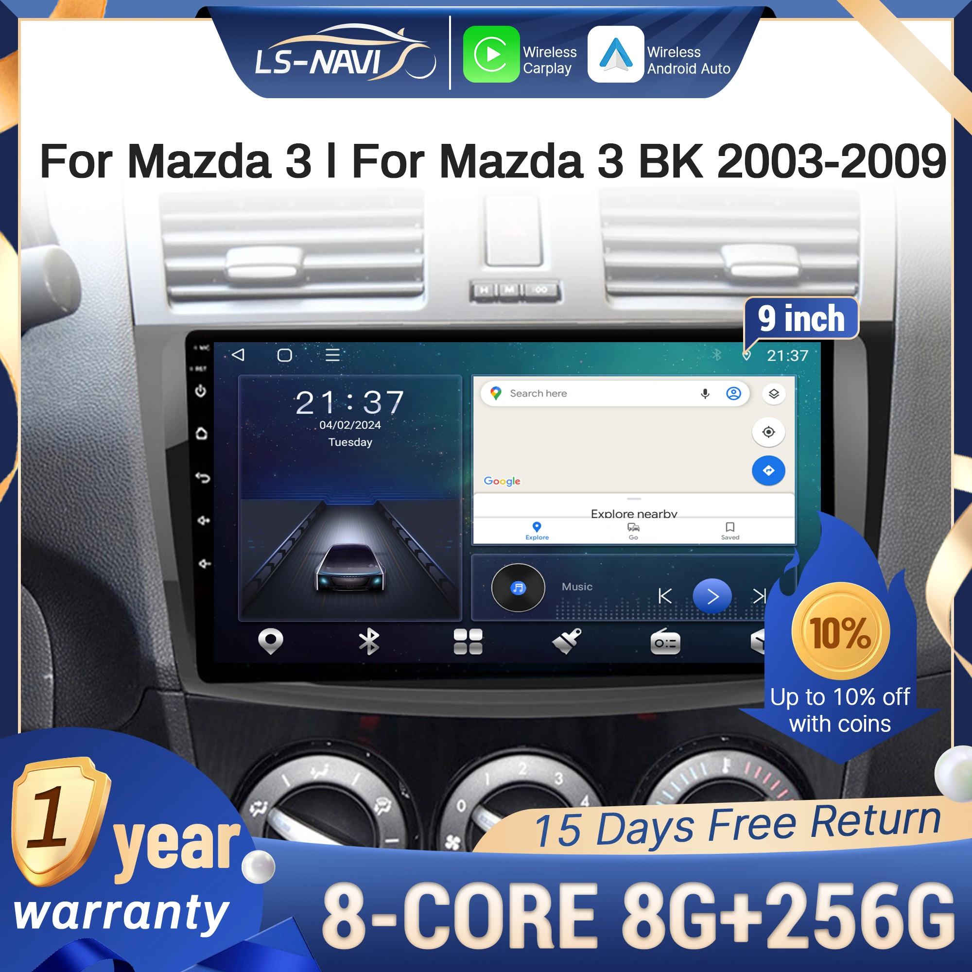

Для Mazda 3 l для Mazda 3 BK 2003-2009 Автомобильный радиоприемник Мультимедийная навигация GPS Беспроводной CarPlay 4G Сенсорный головной блок Стереоэкран