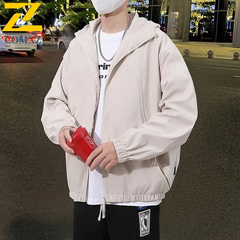 COMXZ 2025 Mens Autumn Jacket Trendy Youth Loose Fit Windbreaker Casual Streetwear Outerwear Lightweight