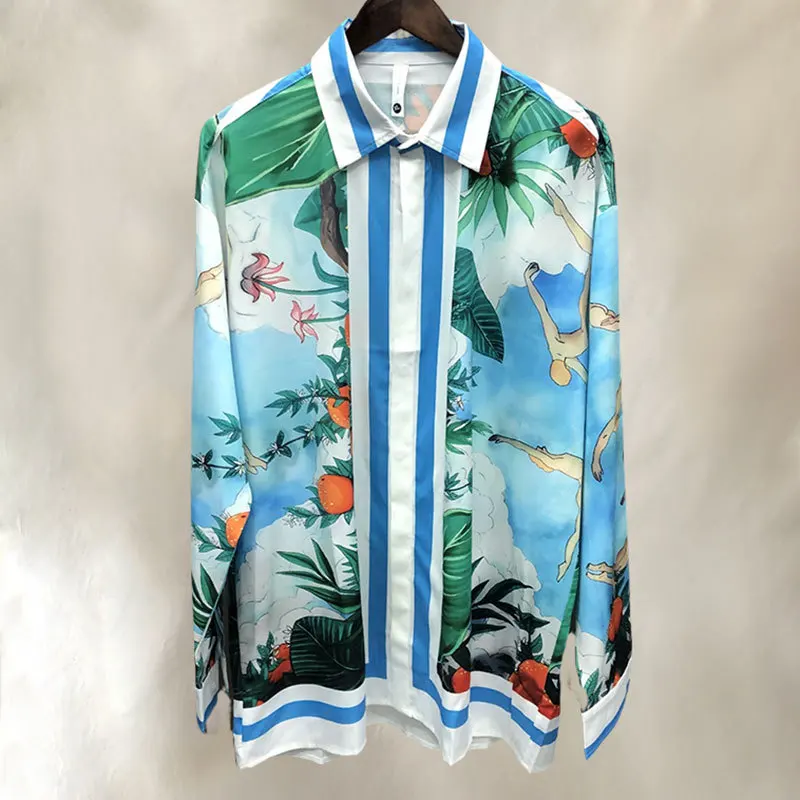 

Character Print Shirt Streetwear Long Sleeves Men Tops Fall Hawaiian Beach Shirts Streetwear Hip Hop Camisa Floral Masculina