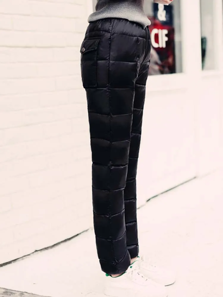 Winter Woman Puffy Harem Pants Hight Waist Office Lady Duck Down Pants Thick Warm Drawstring Feather Quilted Trousers for Women