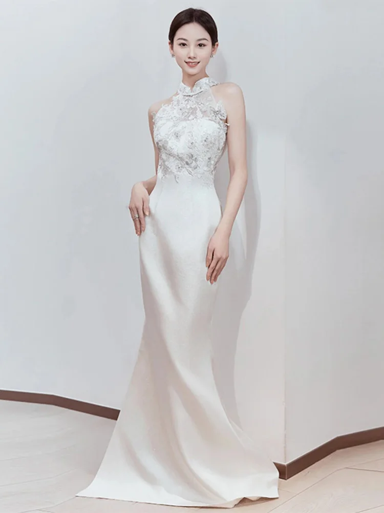 New Chinese Cheongsam Dress White Halter High-End Affordable Luxury Niche High Sense Host Welcome Evening Dress