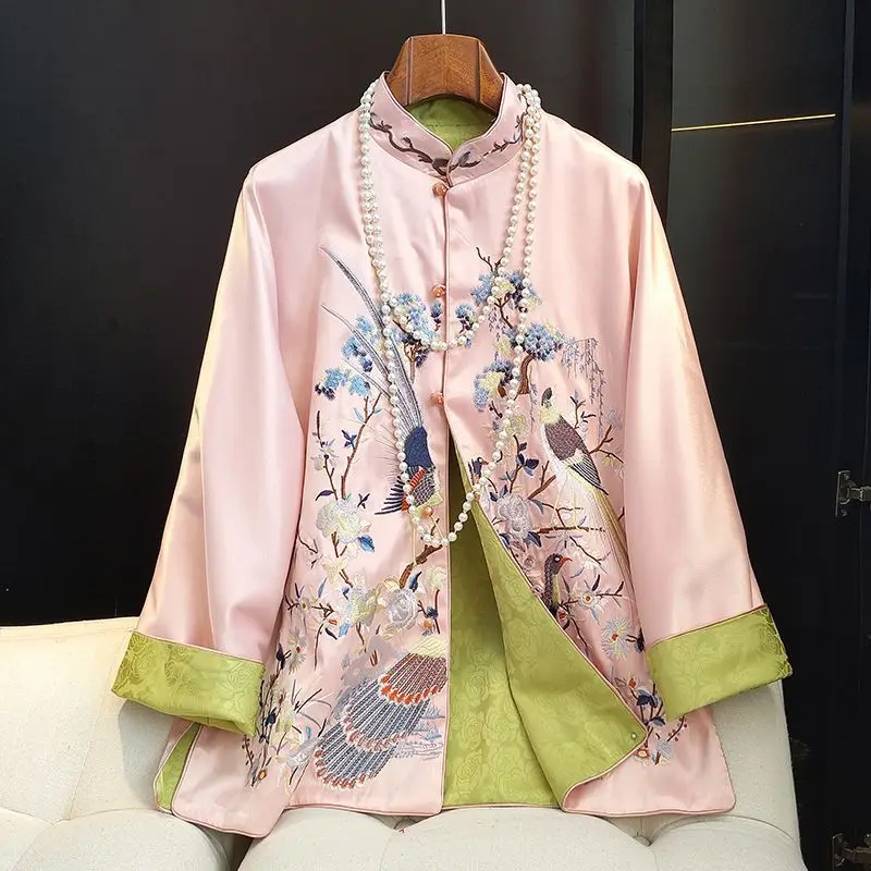 

New Traditional Tang Blouse Women Chinese Style Hanfu Cheongsam Shirts Embroidered Peacock Qipao Vintage Pink Tops Jackets Coat