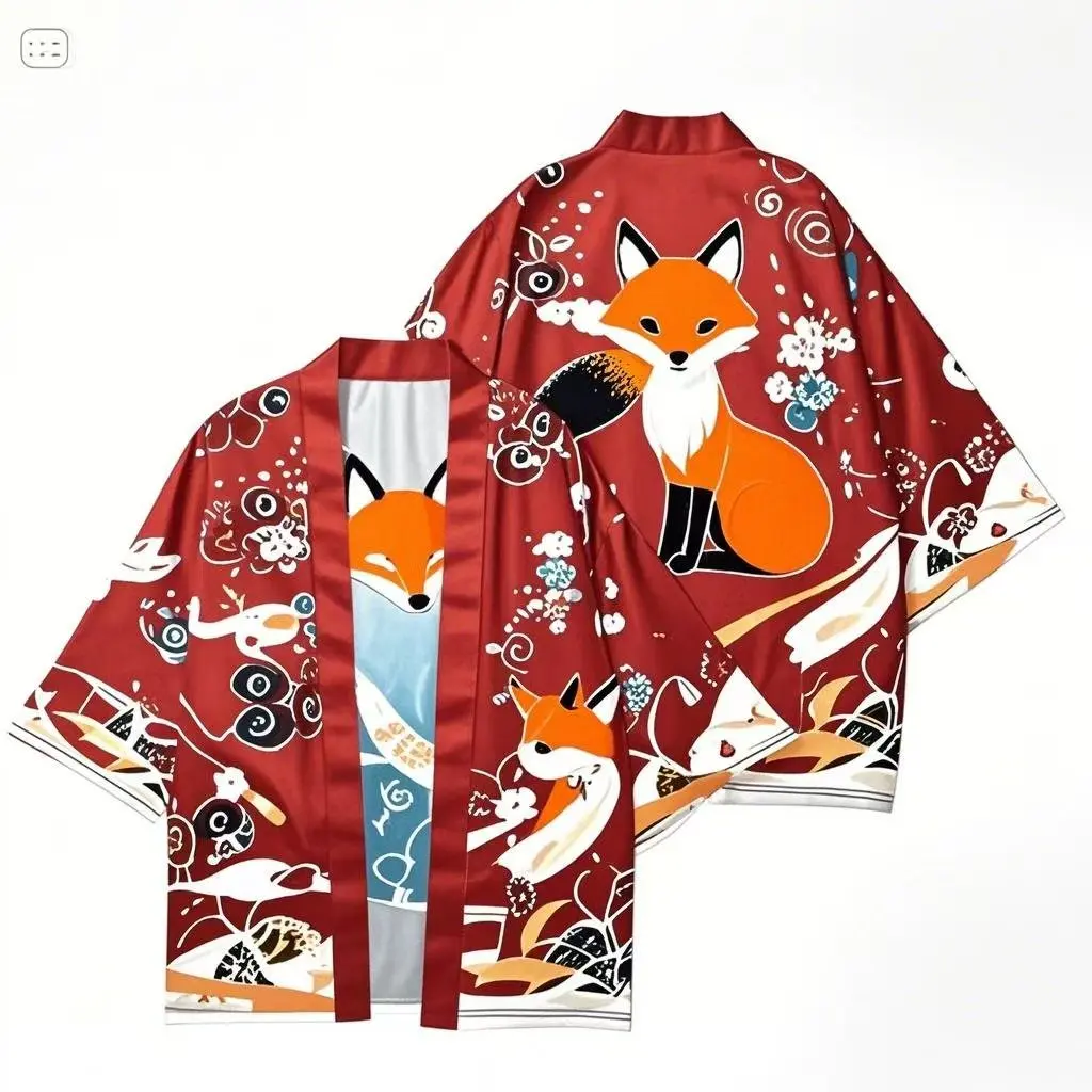 

New Nine Tailed Fox Cartoon Printed Kimono Summer Men Women Japanese Haori Streetwear Traditional Cardigan Yukata Asia Clothing