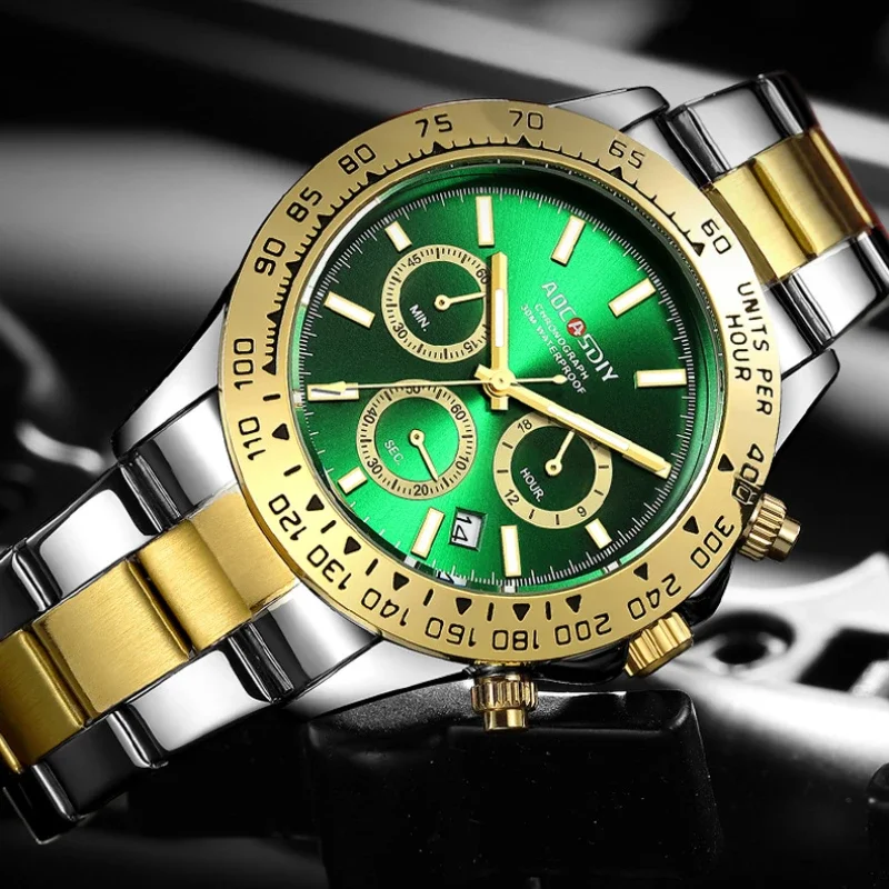 Reloj dorado de moda con calendario y luz nocturna, reloj de cuarzo para hombre, reloj de pulsera con tira de acero resistente al agua de lujo de alta gama, ساع