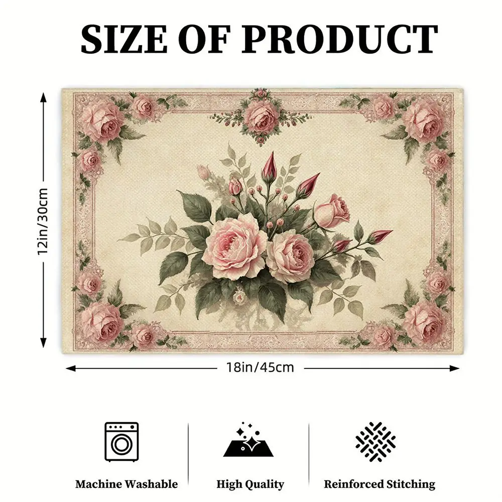 Linen Table Protector, Vintage Pink Rose Border Placemat, Non Slip Pad for Daily Home Dining & Wedding Table Decoration