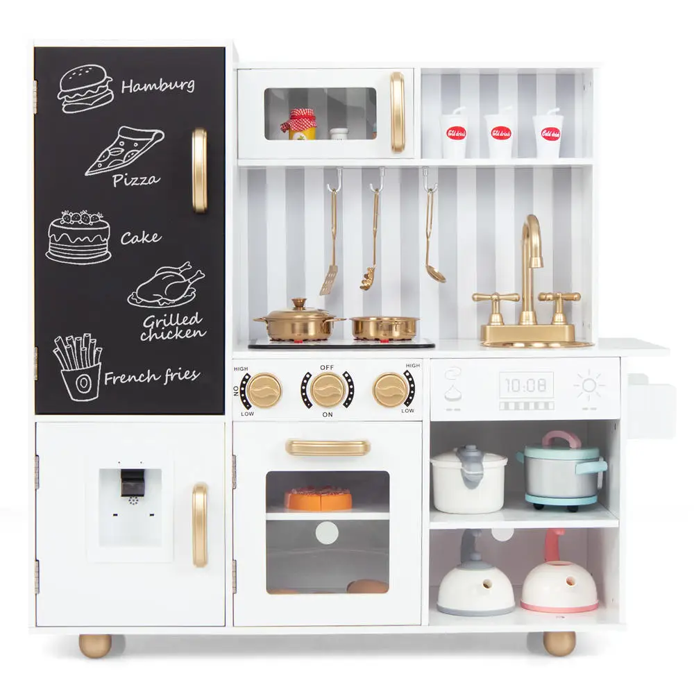 Pretend Play Kitchen Wooden Toy Set for Kids with Utensils-White