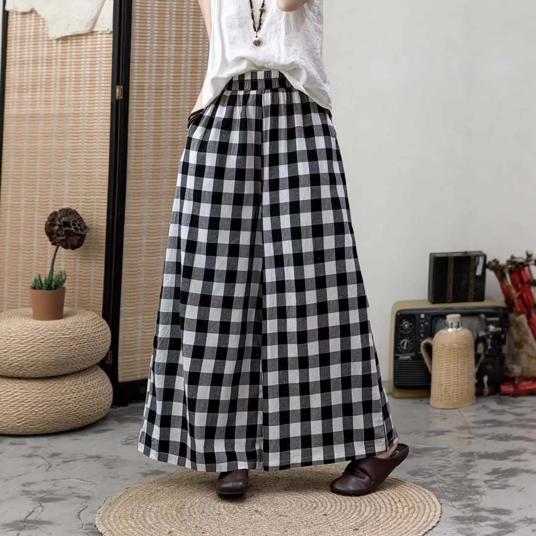 Japanese Vintage Mori Girl Checked Plaid Wide Leg Pants Women Spring New Elastic Waist Casual Loose Straight Pants