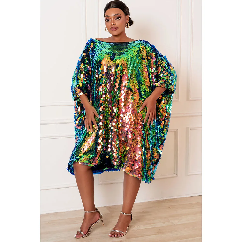 Plus Size Party Gold Reflective Sequin Batwing Sleeves One Shoulder Mini Dress