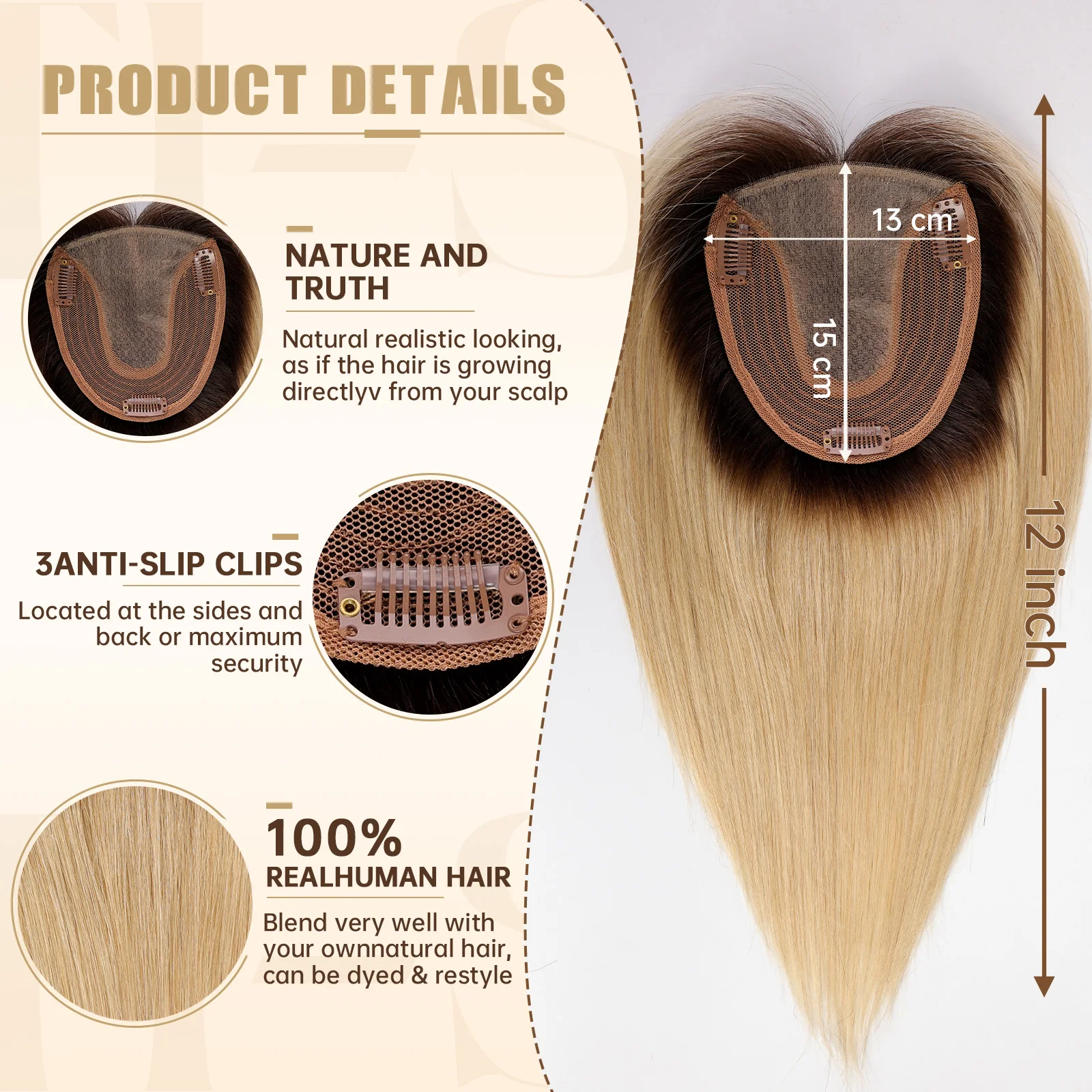 Blonde Ombre 12 Inch Straight Silk Base Top Human Hair Topper with Bangs Clips 100% Remy Hairpieces for Women Hair Toppers Femal