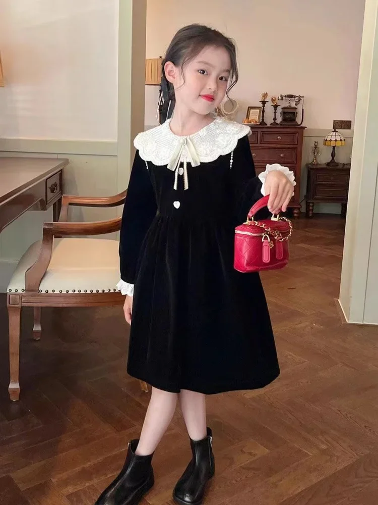 

2024 Fashion Girls' Dress Autumn/Winter New Korean Version Doll Collar Medium Long Dress Children's Waist Princess Velvet Skirt