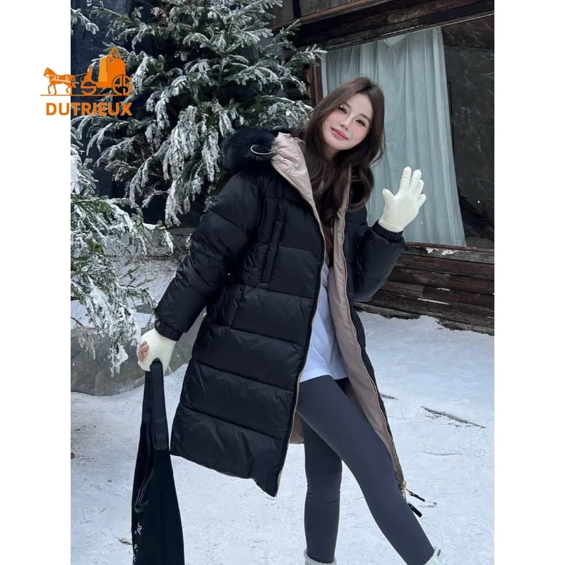 冬の女性の両面毛皮の襟フード付き両面ミッドレングスダウンジャケット、90% グレーグースダウン、ファッションエレガントな女性コート