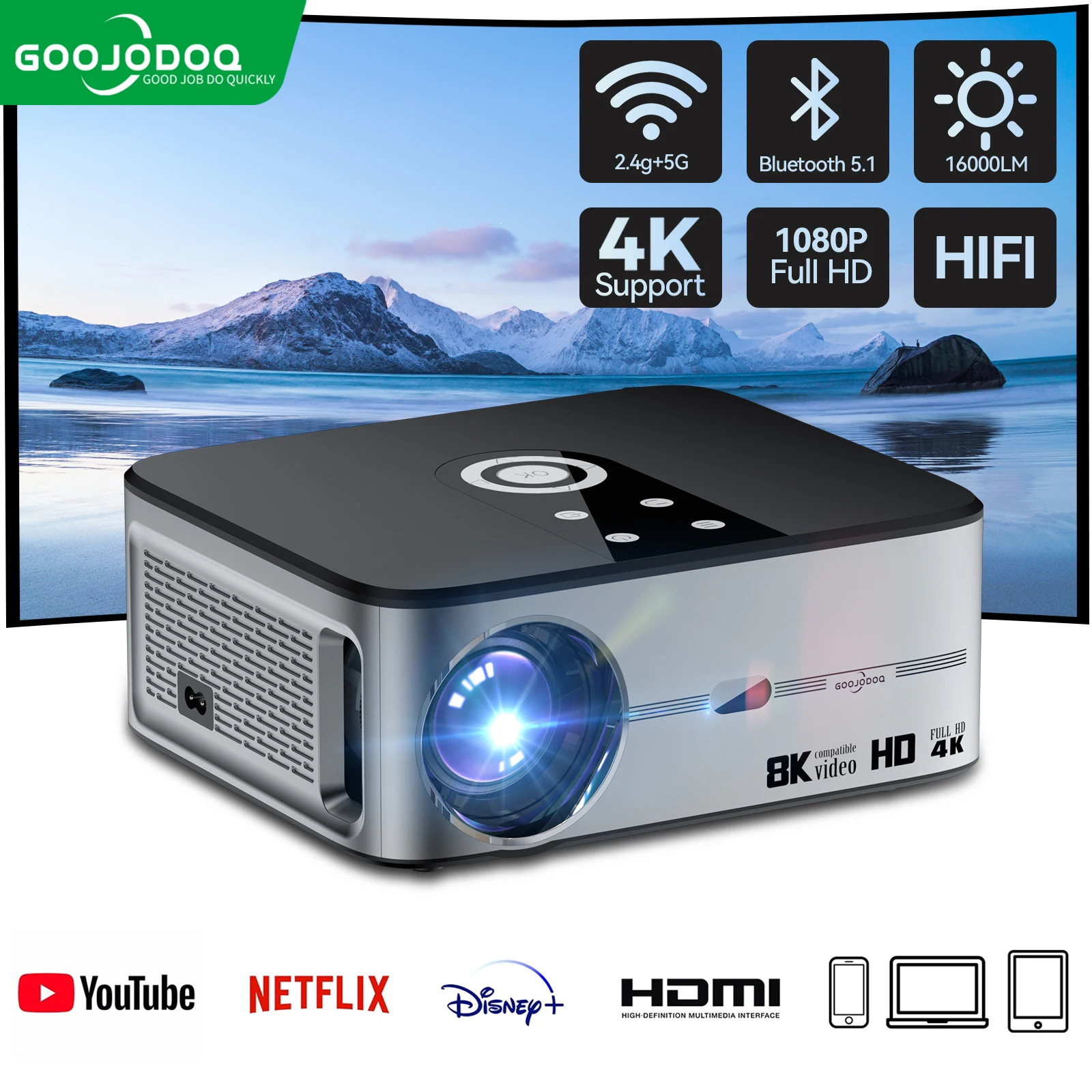 Goojodoq T02 Projector 1080P 4K Ultra Hd 1920 × 1080 16000Ansi Draagbare 2.4G Android/Ios Home Theater Outdoor Smart Projector