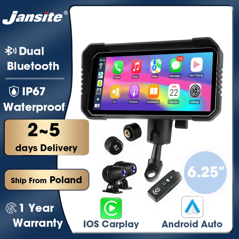 Dla Wuyang Honda PCX160 2021-2026 Jansite – 6,25-calowy ekran do motocykla z funkcją Carplay, bezprzewodowym Carplay, Android Auto, podwójnymi kamerami, wbudowanym rejestratorem wideo, nawigacją