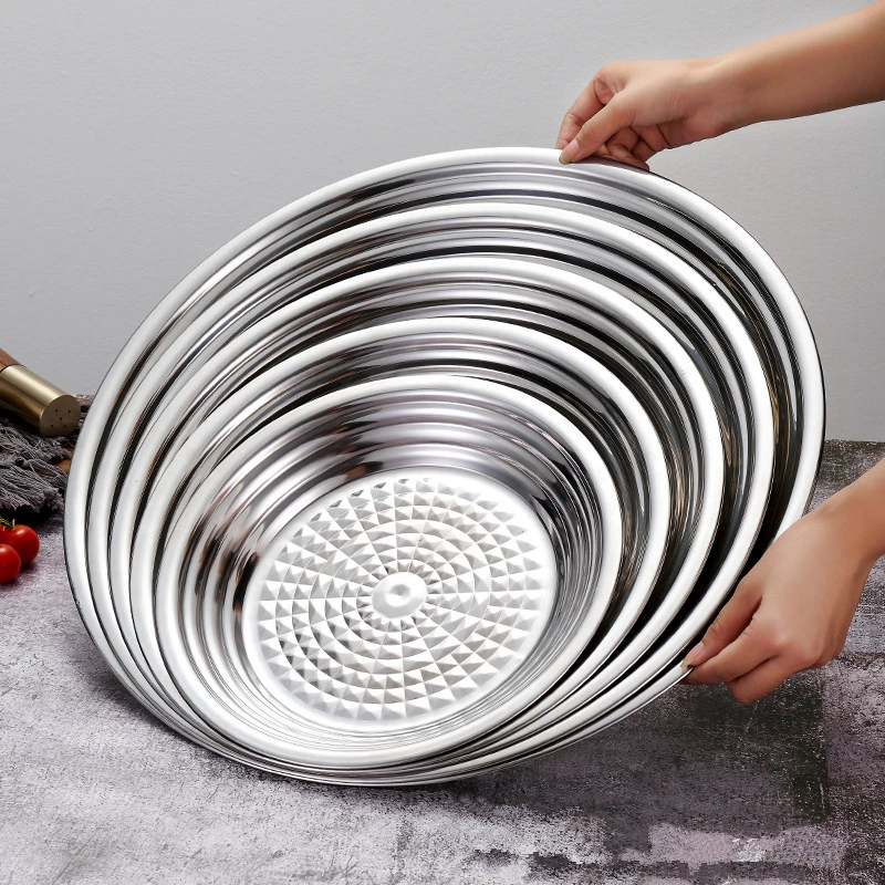 Stainless Steel Diamond Pattern Disc Deepened Dish Non-slip Food Storage Tray Large-capacity Dinner Plate Home Storage Tools