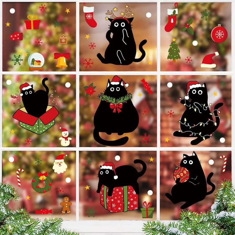 6PCS/a set of Christmas wall stickers, cute animal Christmas cat window decoration window stickers, cartoon cat window stickers