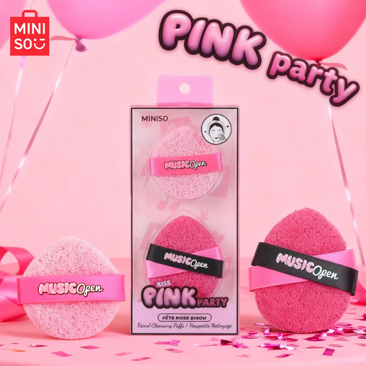 Combinaison de bouffées de poudre série MINIISO PinkParty avec 2 Pores pour un nettoyage fin et respectueux de la peau, maquillage facile à enlever