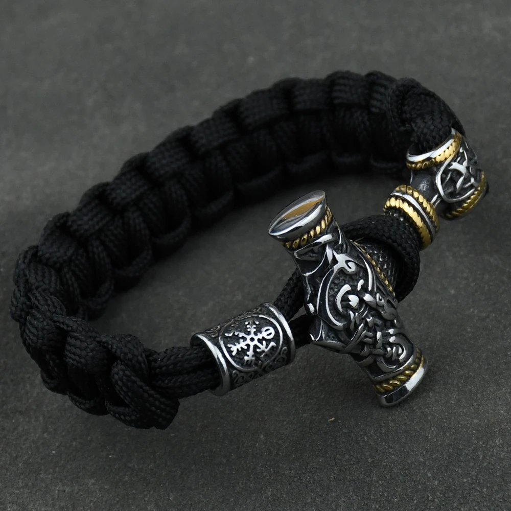 Stainless Steel Mens Viking Mjolnir Leather Bracelet Thor hammer Wristband Norse Runes vegvisir Amulet Handmade Jewelry Gifts