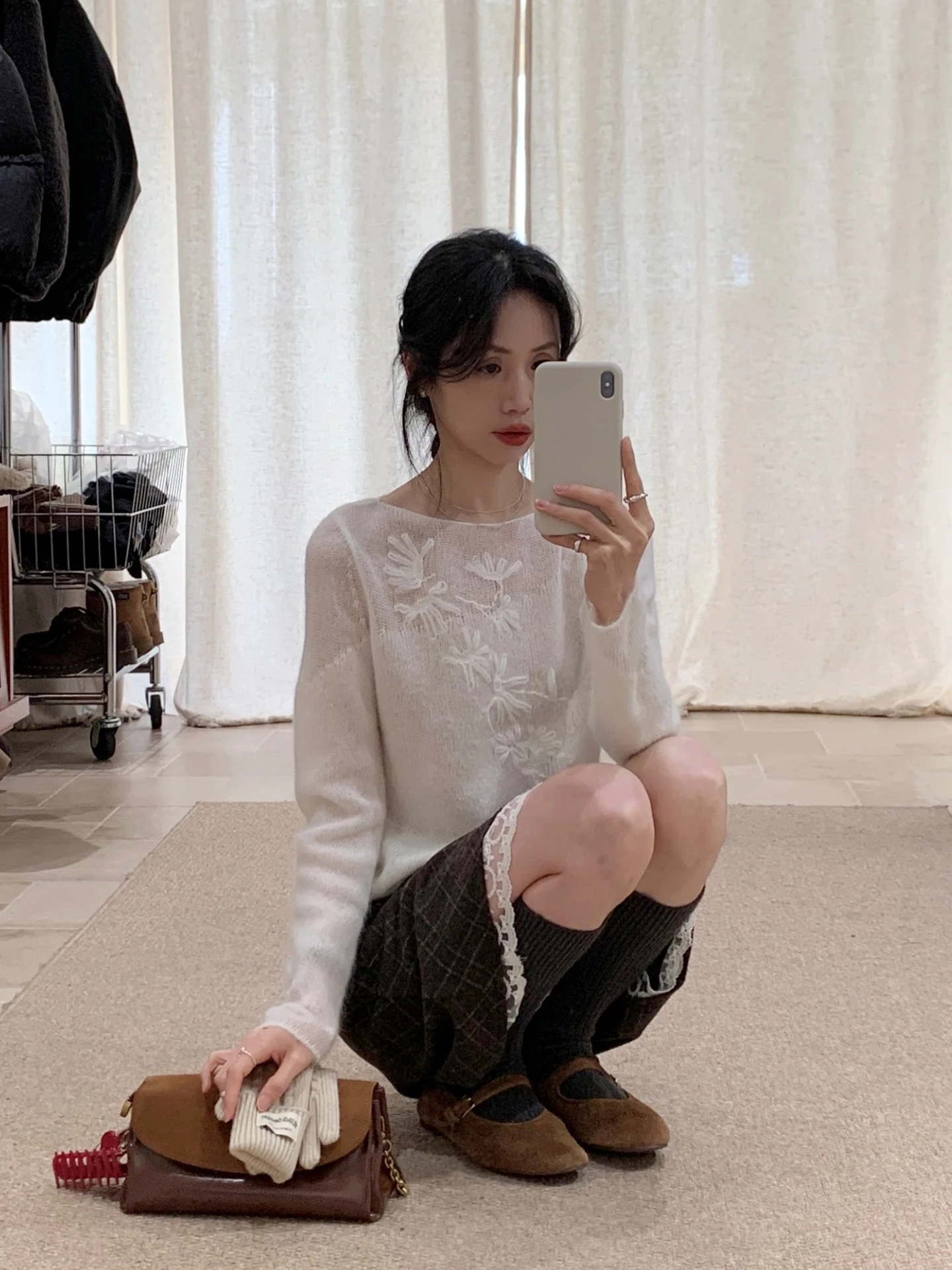 

Korean Sle Women's Knitted Sweater Alpaca Wool Embroidered Beige Versatile Autumn Winter Faion Unique Design Top