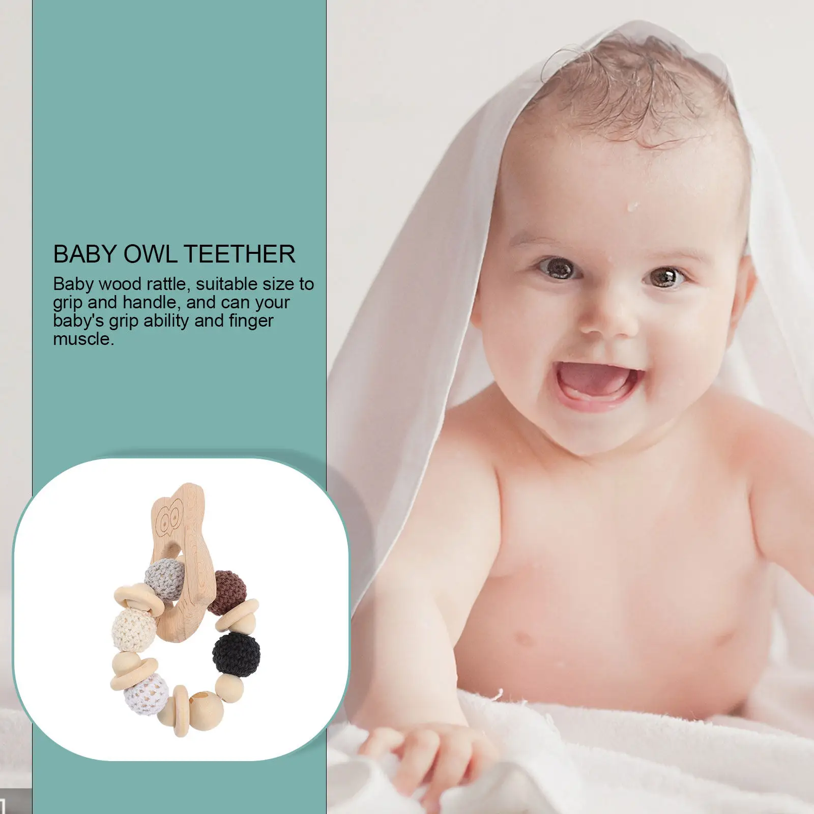 Anneau de dentition en hêtre pour le développement sensoriel et la motricité fine, dentition hibou pour bébés de 0 à 6 mois