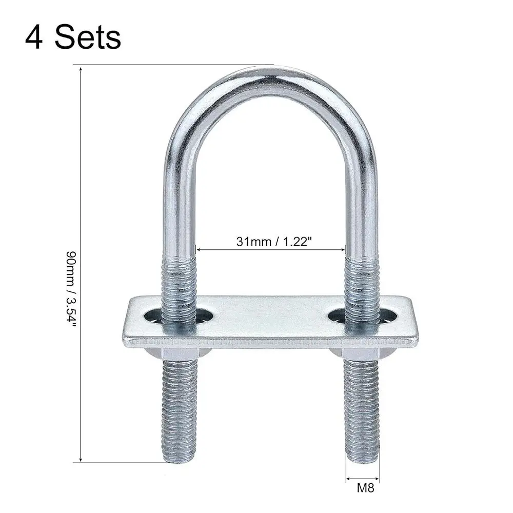 4PCS M8 Round U-Bolts Steel, Galvanized Surface Silver Round Bend U Clamp Round U-Bolt with Nut Plate Washer