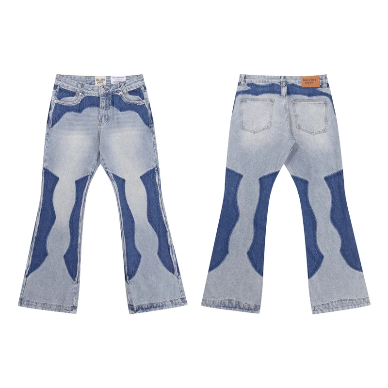 

Blue Heavy-Du Patchwork Micro Flare Jeans Waed Casual Long Trousers American High Street Sle Cotton Denim Non-Stretch