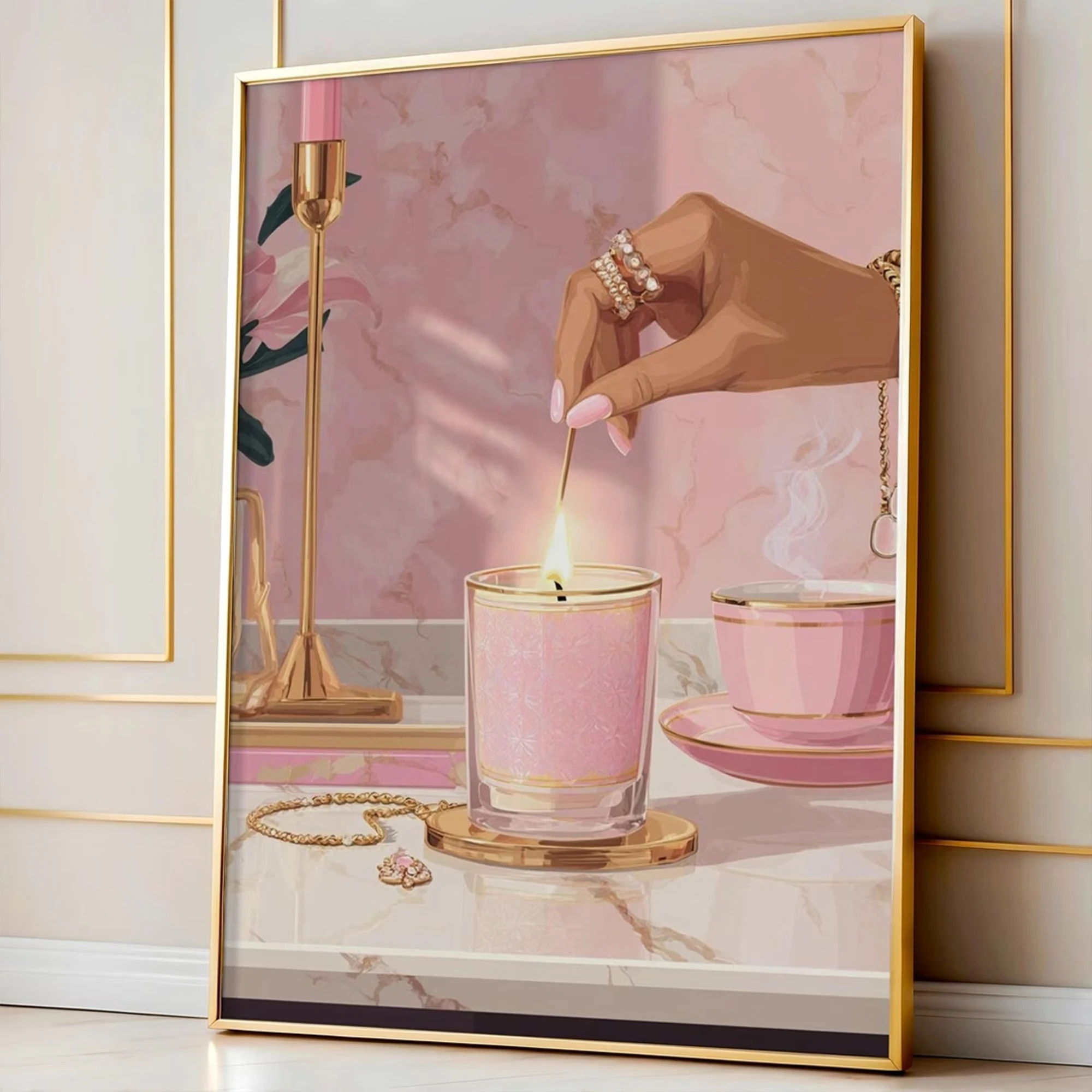 Modern Lighting A Pink Scented Candle, Elegant Girly Life Wall Art Print Canvas Painting Poster Picture For Bedroom Home Decor