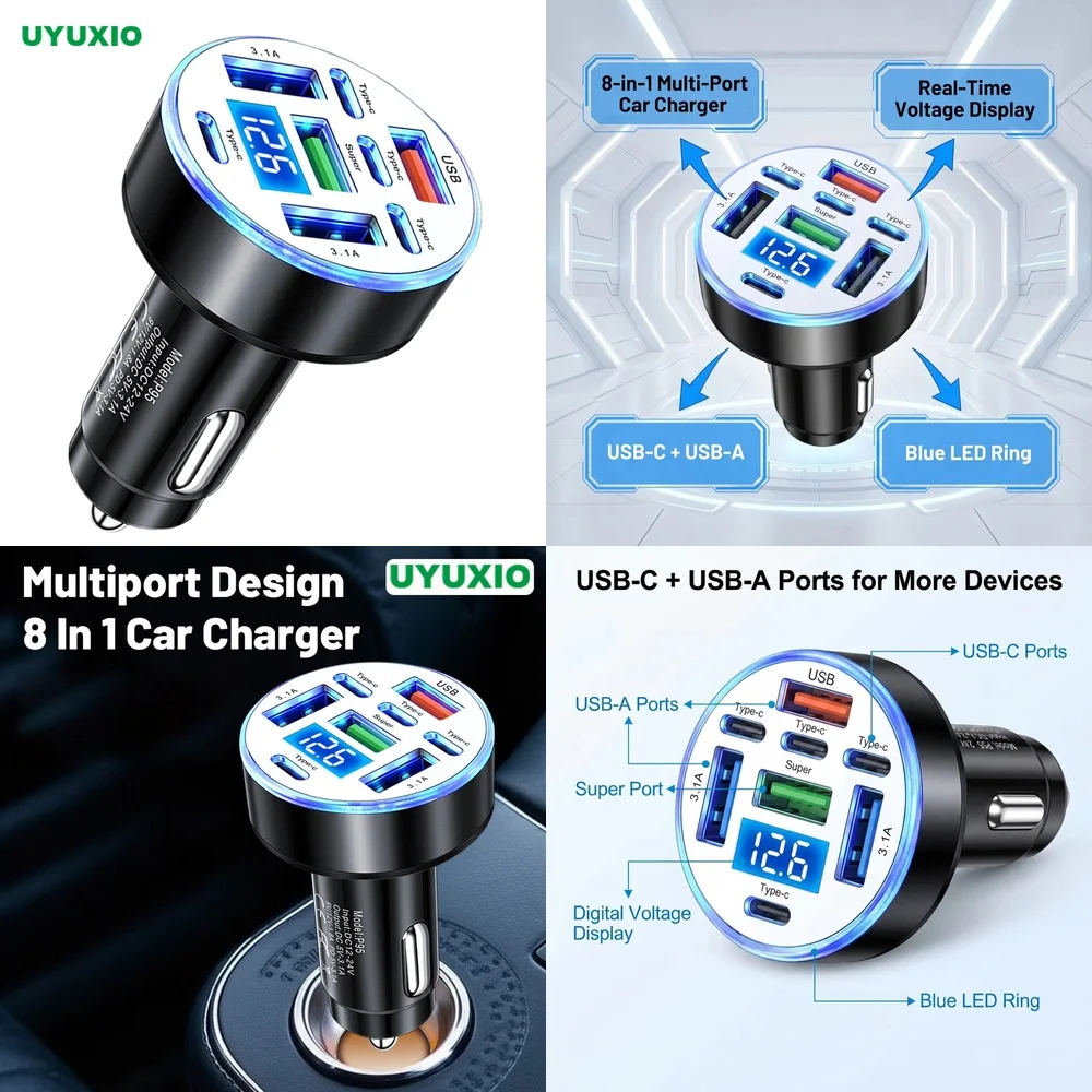 High Speed Multi Port USB C Car Charger for iPhone 17 Samsung S26 iPad with LED Digital Voltage Display for Road Trip Tools