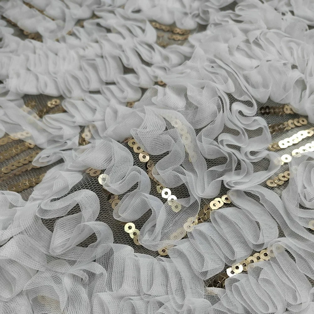 

High-end chiffon braided 3D floral golden sequin mesh fabric for designer skirts and wedding dress design sold by the meter