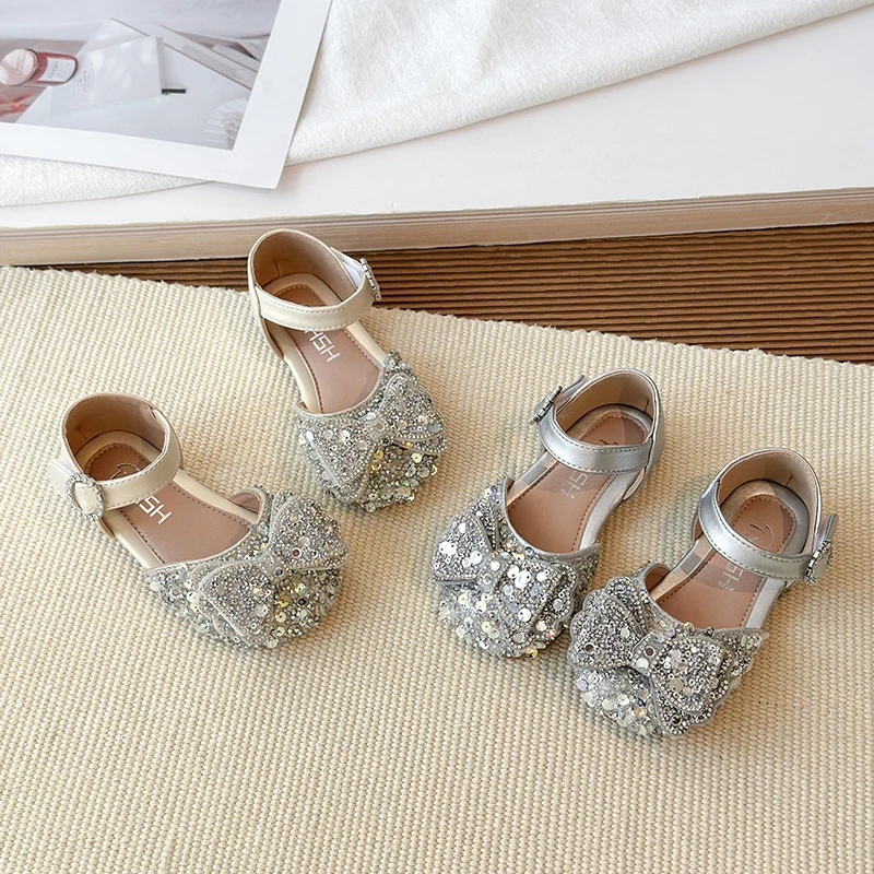 New Children Sequined Leather Shoes Girls Princess Sandals Shiny Sequin Bowknot Single Shoes Fashion Toddler Kids Wedding Shoes
